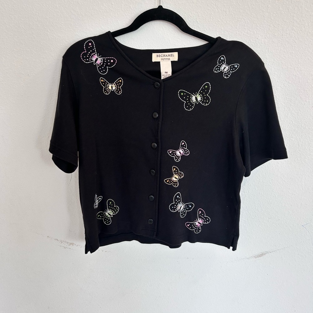 Bechamel Petites Womens Black Top Scooped Neck with Beaded Butterflies
Size PM